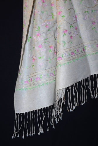 70% pashmina/30% silk fullsize shawl with multi-color Kanya Devi embroidery