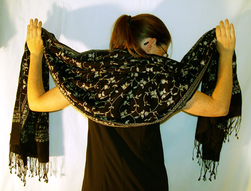 70% pashmina/30% silk full-size black and Kanya Devi embroidery