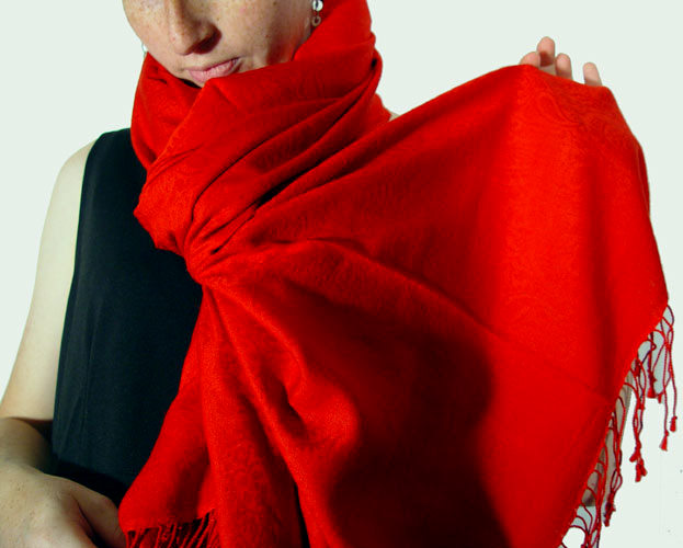 70% pashmina/30% silk fire-engine red Jacquard muffler