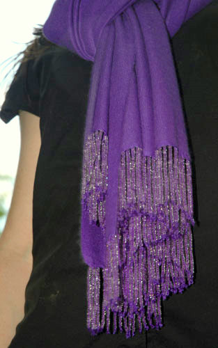 Violet 70/30 medium with straight fringes, clear beads