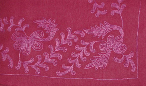70/30 medium 4-side embroidery: dark coral shawl, coral embroidery