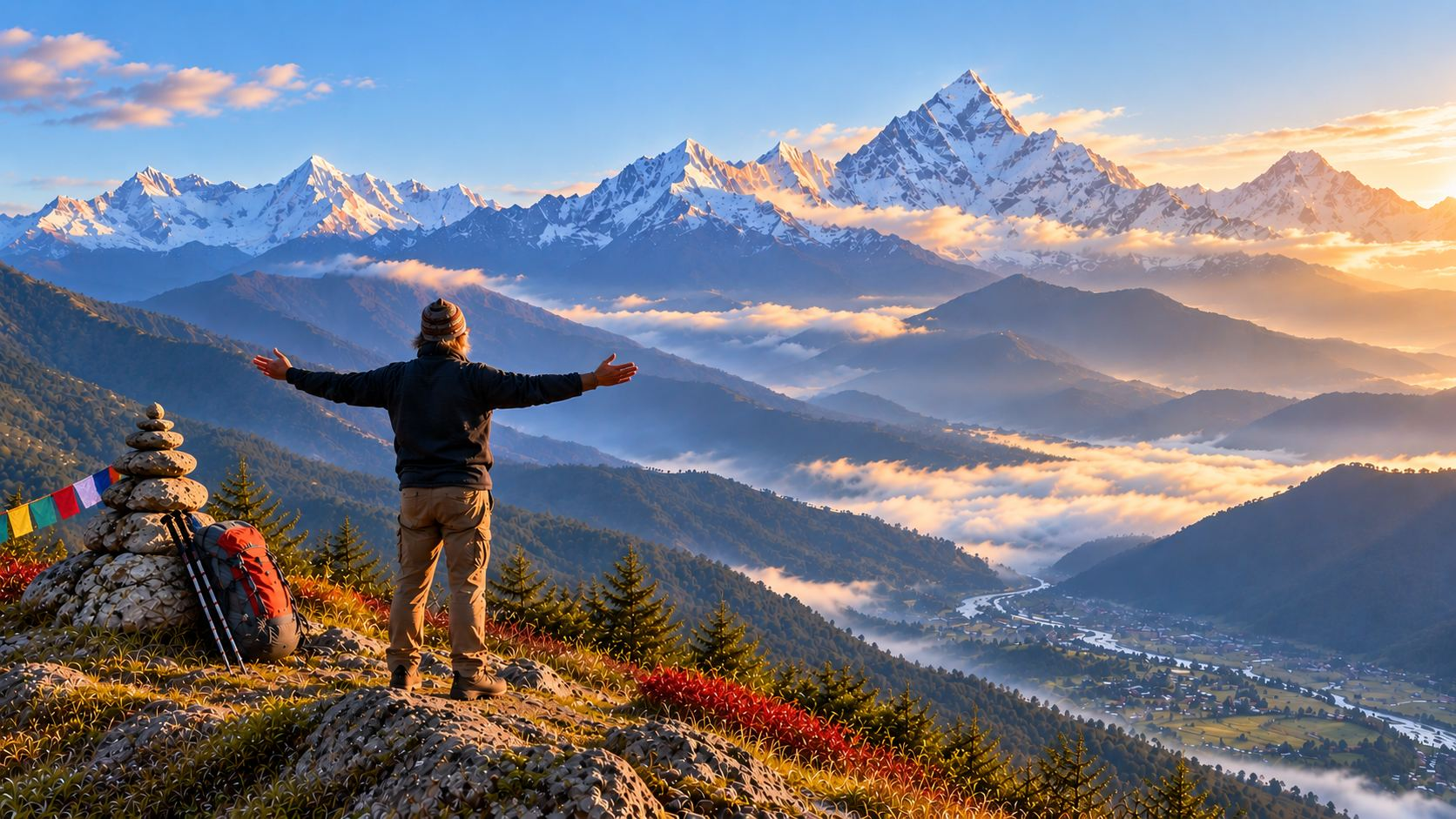Lone hiker on Himalayan ridge, open to transformation