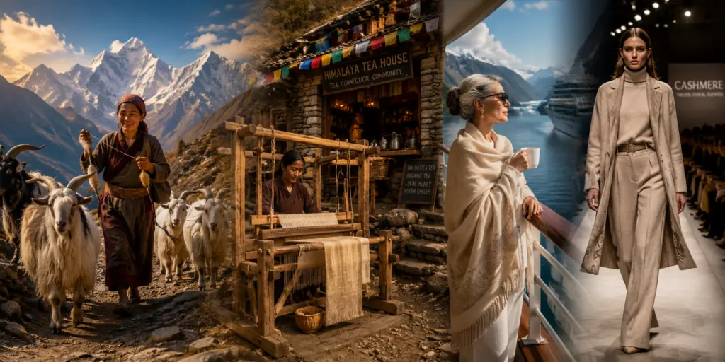Chyangra goats in the Himalayas, traditional weaving, luxury pashmina travel wear, and modern cashmere fashion representing the journey from mountain fiber to finished textile