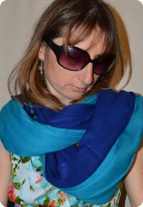 Sunrise Pashmina 100% cashmere shawl,   Royal Blue  (#pm-052)  and Capri Breeze  (#pm-072),  diamond weave,  ragged fringe