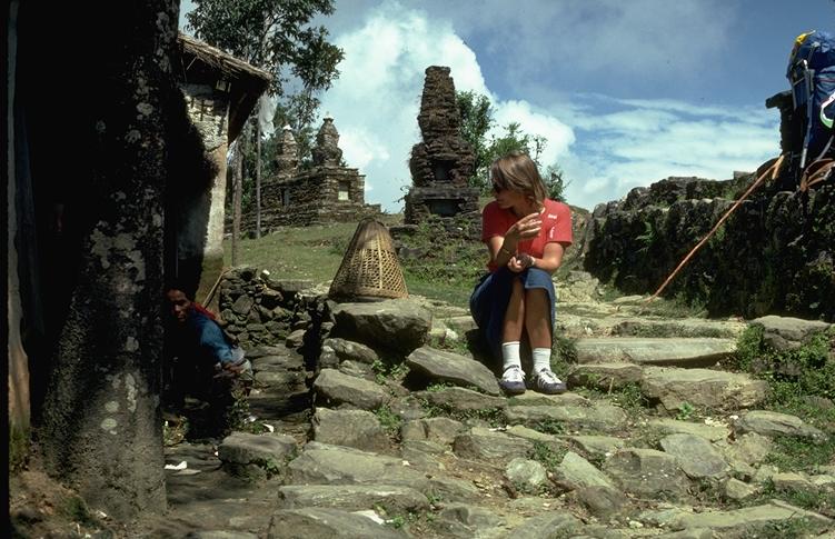 Tourist stopping for tea on the Everest Trail, an hour above Lamosangu