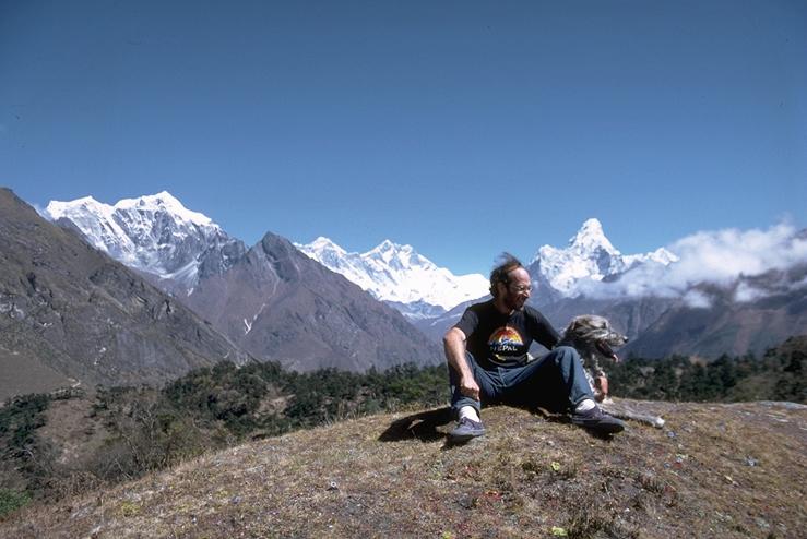 Seth and Namche, his Irish Wolfhound, on a knoll above Syangboche