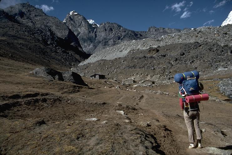 Trekker approaching Lobuche