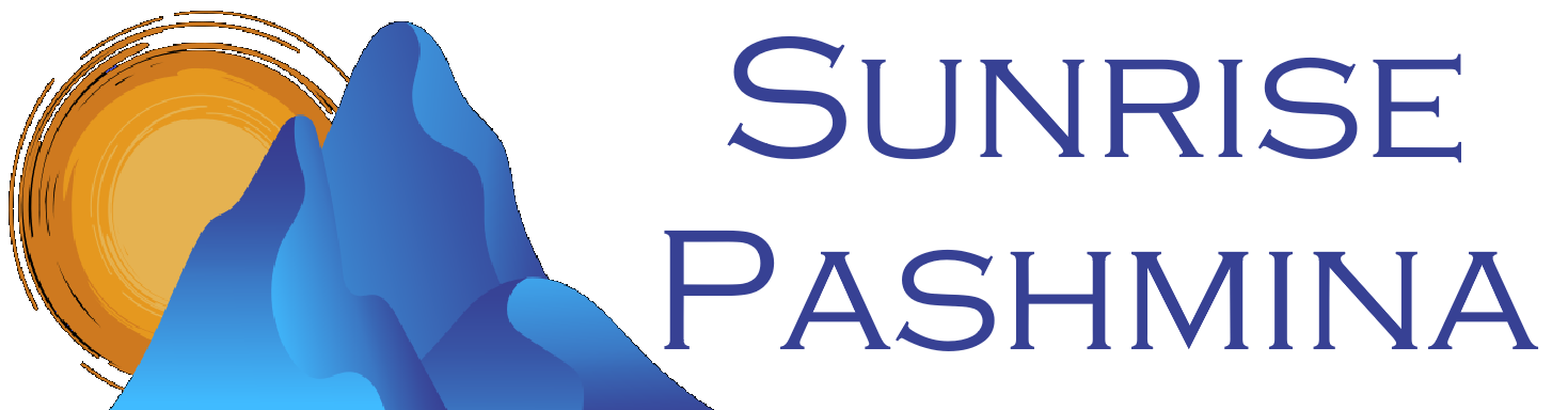 sunrise pashmina logo: sun rising over snow mountain -- saturated primary colors, childlike primitive style