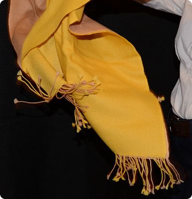 Sunrise Pashmina Medium mustard yellow and sand (thread color #164) narrow-to-narrow ombre, standard 3-inch fringe 